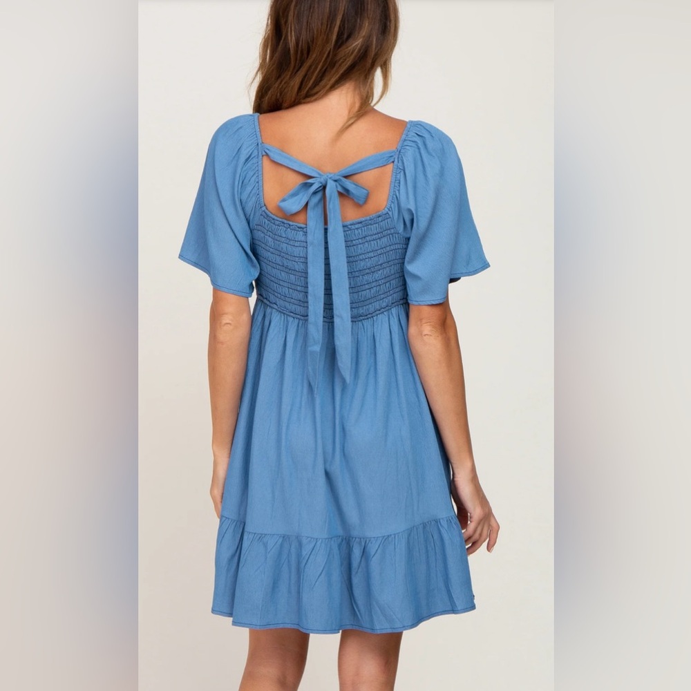 Blue soft denim look Smocked Boutique Dress, Size L Large